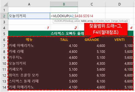 VLOOKUP 예제 범위 드래그