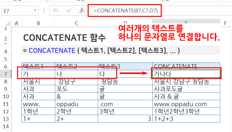 엑셀 CONCATENATE 함수 예제