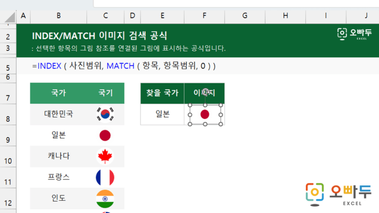 INDEX/MATCH 이미지 검색 공식 예제 미리보기