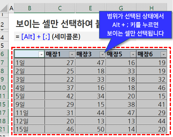 2 보이는 셀만 복사 붙여넣기 선택후 분리