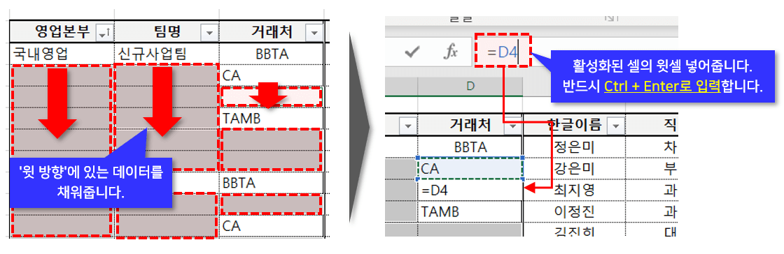 셀병합 해제 후 데이터 채워넣기 윗쪽 방향 셀