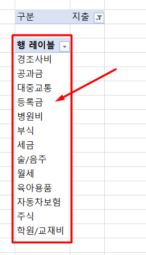 5. 엑셀 대시보드 피벗테이블 필터 모든 행 나열