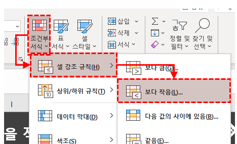 셀 강조규칙 보다 작음 조건
