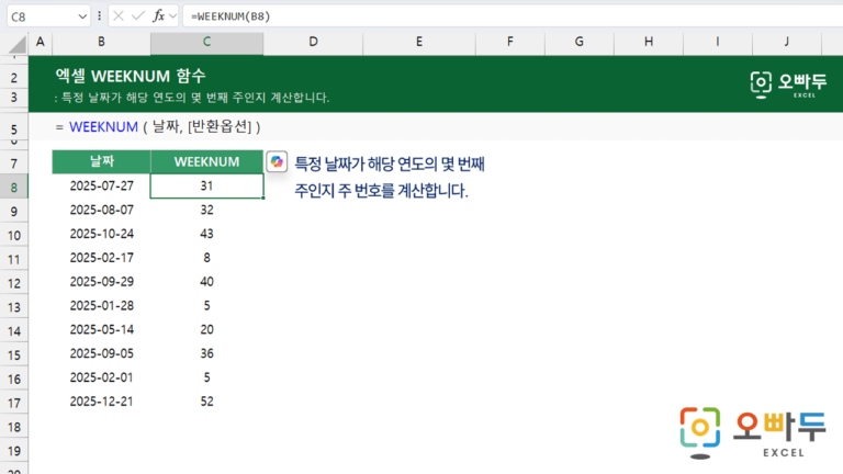 WEEKNUM 함수 예제 미리보기