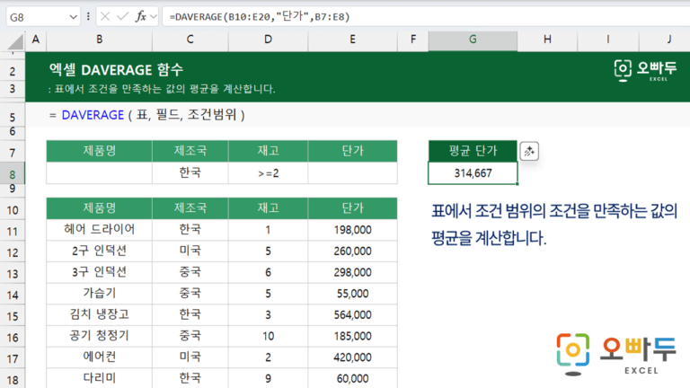 DAVERAGE 함수 미리보기