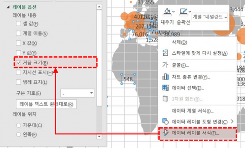 지도 차트 레이블 거품 크기