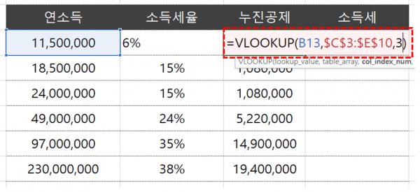 엑셀 소득세 누진공제 구하기