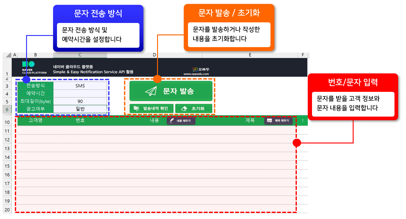 엑셀 네이버 문자 발송 시트