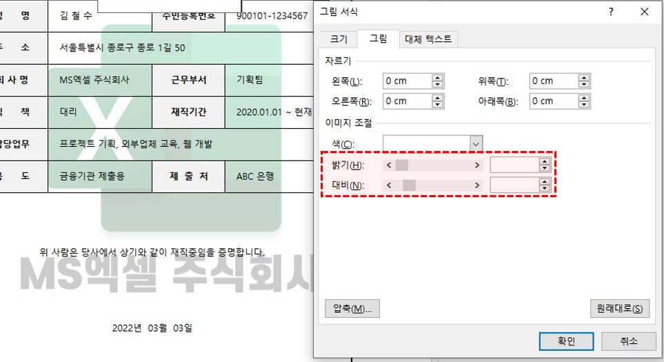 엑셀 워터마크 투명도 밝기 대비 비율