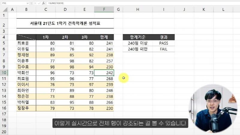 엑셀 전체 행 강조 조건부서식 실습 (3)