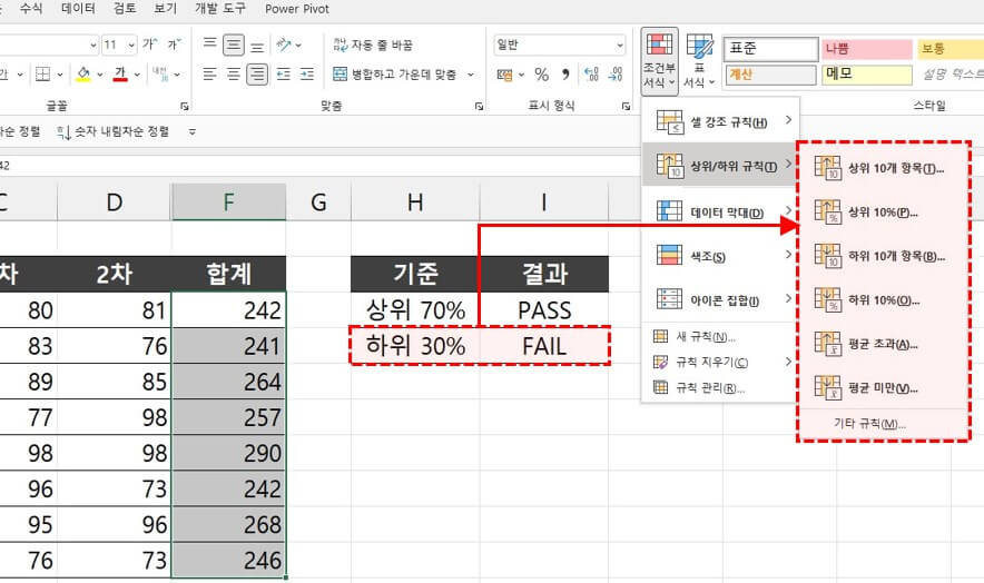 조건부서식 하위 n% 강조
