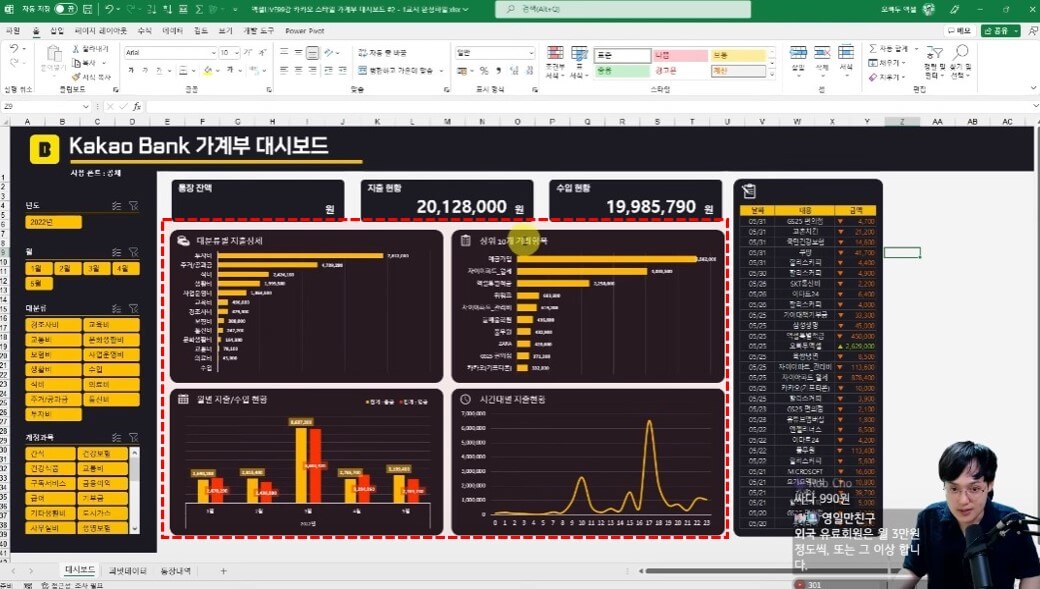 엑셀 가계부 대시보드 차트 만들기