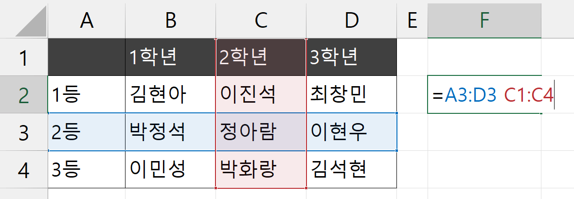 엑셀 범위 교차 선택 빅 데이터 관리