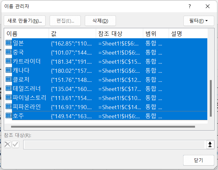 엑셀 여러 항목 동시 선택