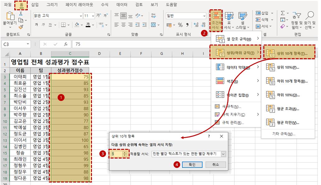 [조건부 서식] - [상위/하위규칙] - [상위 10개 항목]