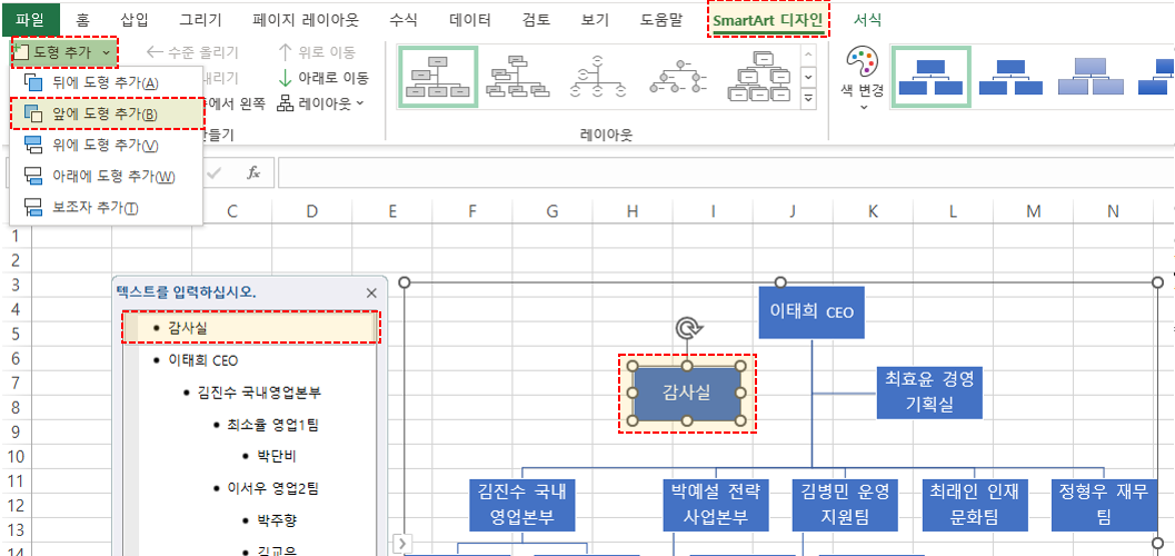 스마트아트 조직도에 독립부서추가하기