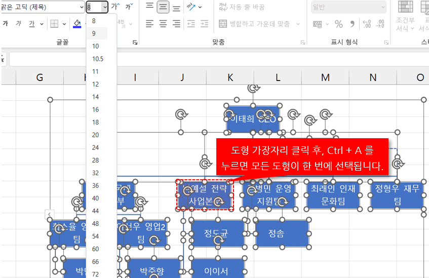 엑셀 조직도 글꼴 꾸미기