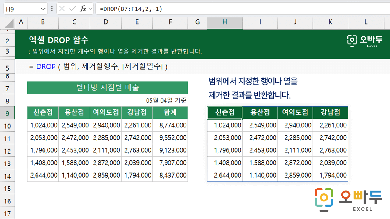 엑셀 DROP 함수 사용법 - 오빠두엑셀