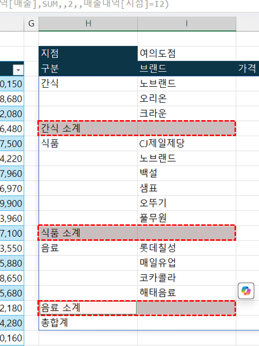 엑셀-소계-합계-강조