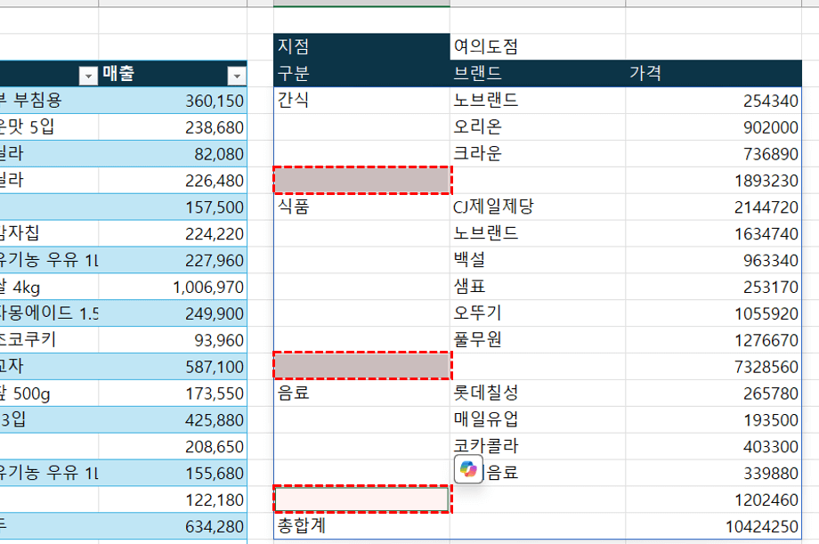 엑셀-소계-합계-표시하기
