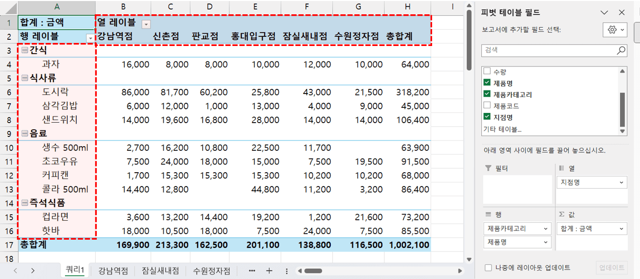 여러-시트-취합-피벗테이블-완성