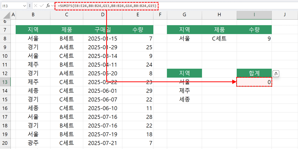 엑셀-sumifs-합계-0-계산