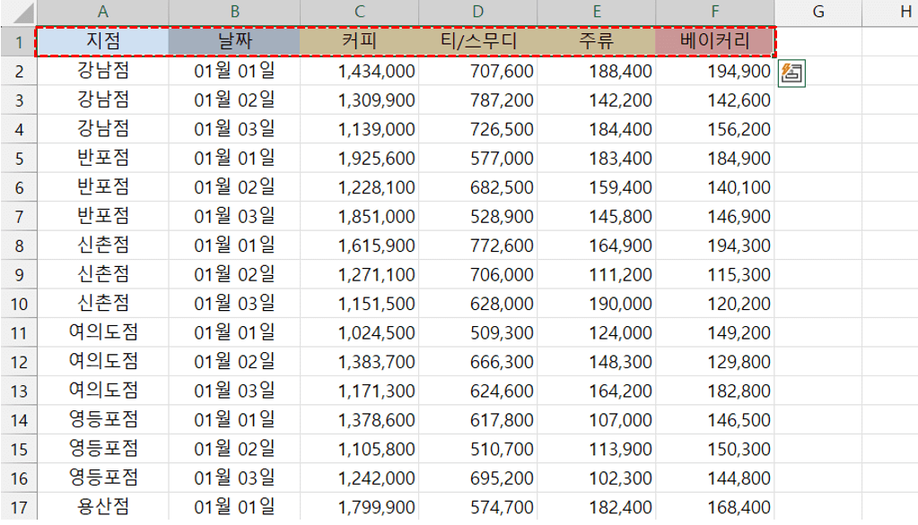 엑셀-세로로-쌓이는-한-줄-머리글