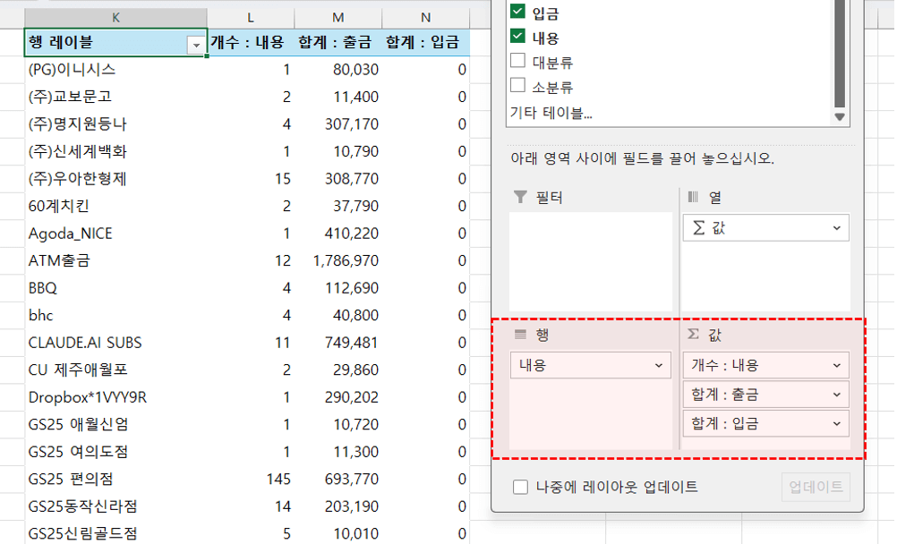 엑셀-피벗테이블-거래내역-정리