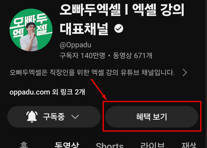 모바일 유튜브 채널의 혜택 보기 버튼