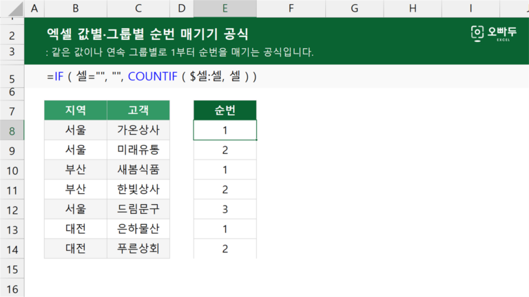 엑셀 값별·그룹별 순번 매기기 공식 예제 미리보기