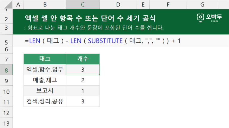 엑셀 셀 안 항목 수 또는 단어 수 세기 공식 예제 미리보기