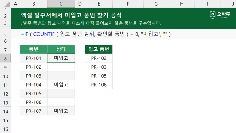 발주서에서 미입고 품번 찾기 공식 예제 미리보기