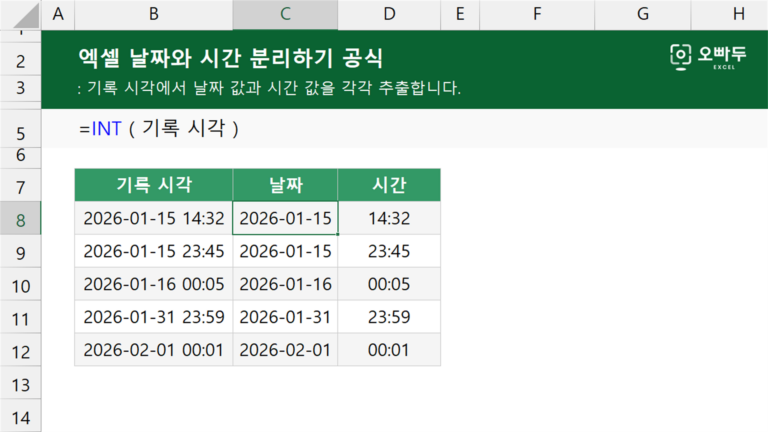 엑셀 날짜와 시간 분리하기 공식 예제 미리보기