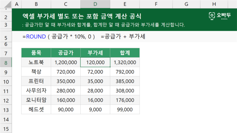 부가세 별도 또는 포함 금액 계산 공식 예제 미리보기