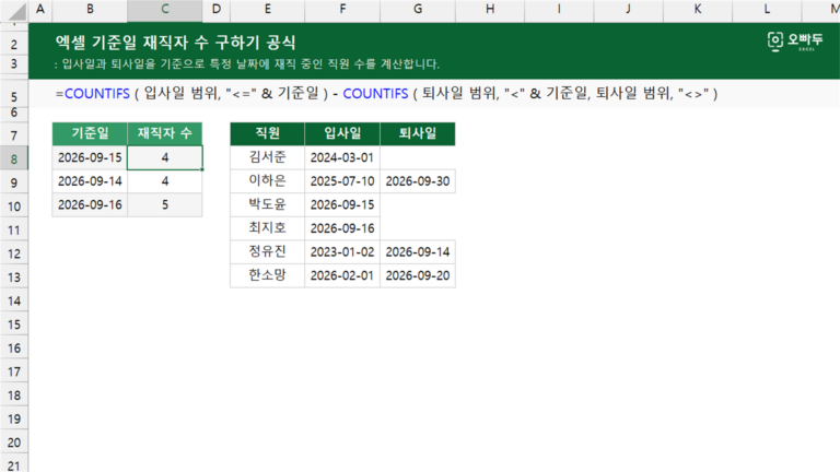 기준일 재직자 수 구하기 공식 예제 미리보기