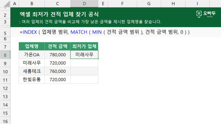 최저가 견적 업체 찾기 공식 예제 미리보기