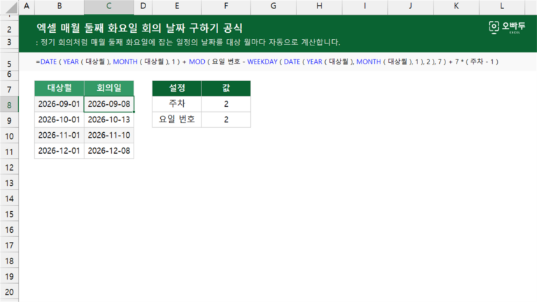 엑셀 매월 둘째 화요일 회의 날짜 구하기 공식 예제 미리보기