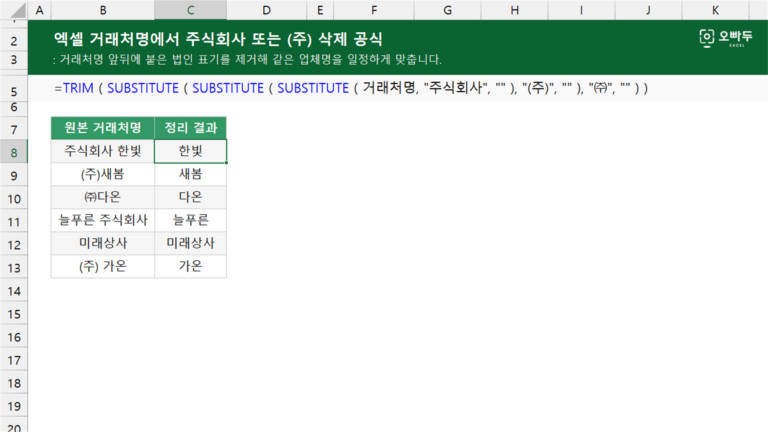거래처명에서 주식회사 또는 (주) 삭제 공식 예제 미리보기