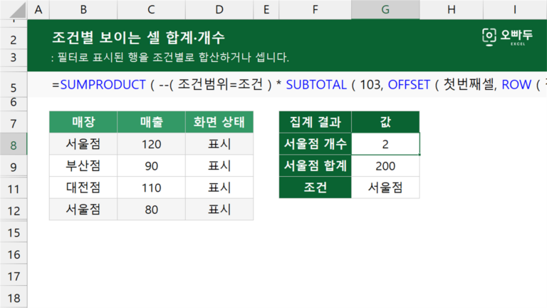 조건별 보이는 셀 합계와 개수 공식 예제 미리보기