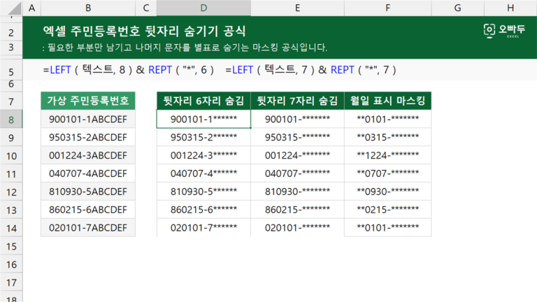 엑셀 주민등록번호 뒷자리 숨기기 공식 예제 미리보기