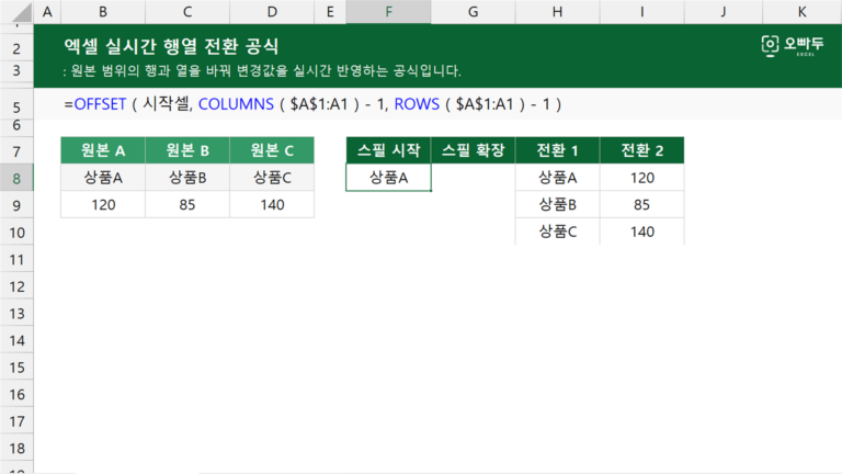 엑셀 실시간 행열 전환 공식 예제 미리보기