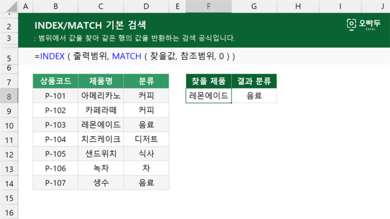 INDEX/MATCH 기본 검색 예제 미리보기