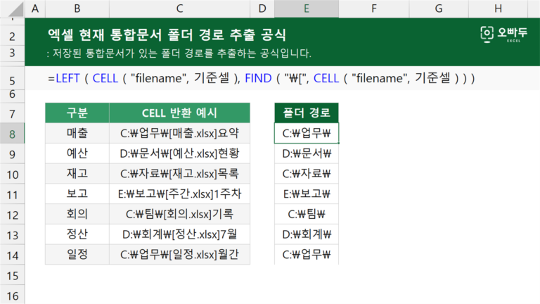엑셀 현재 통합문서 폴더 경로 추출 공식 예제 미리보기