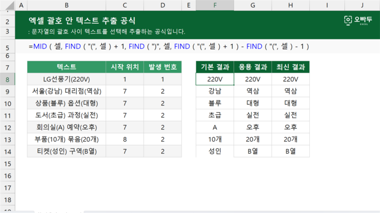 엑셀 괄호 안 텍스트 추출 공식 예제 미리보기