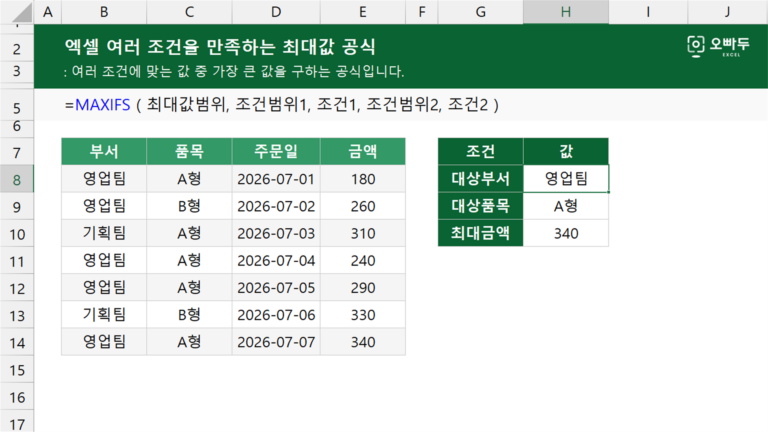 엑셀 여러 조건을 만족하는 최대값 공식 예제 미리보기