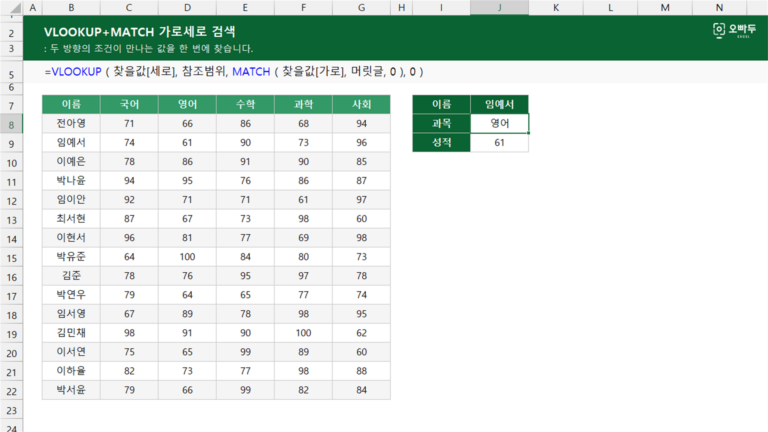 VLOOKUP+MATCH 가로세로 검색 예제 미리보기
