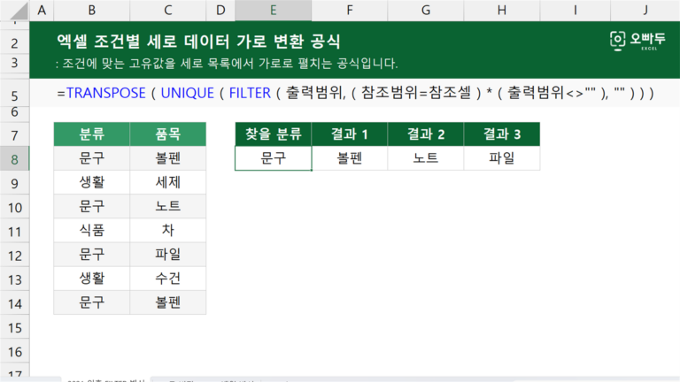엑셀 조건별 세로 데이터 가로 변환 공식 예제 미리보기