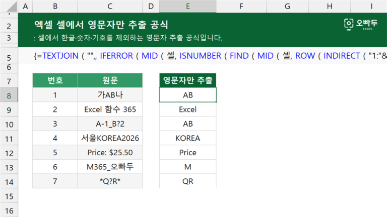 엑셀 셀에서 영문자만 추출 공식 예제 미리보기