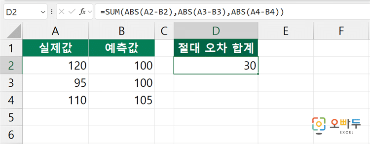 엑셀 ABS 함수 간단 예제 3