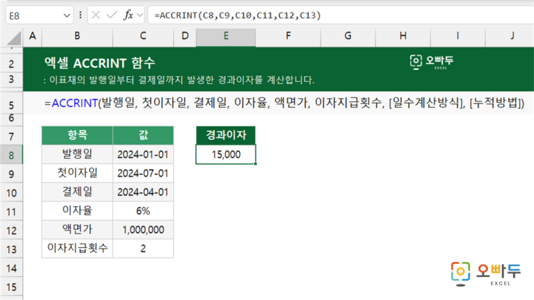 ACCRINT 함수 예제 미리보기